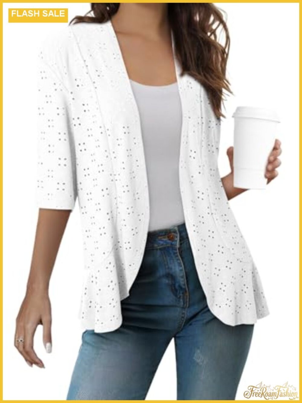 Lightweight Summer Cardigan for Women Knit Ruffle Half Sleeve Kimono Cover Up